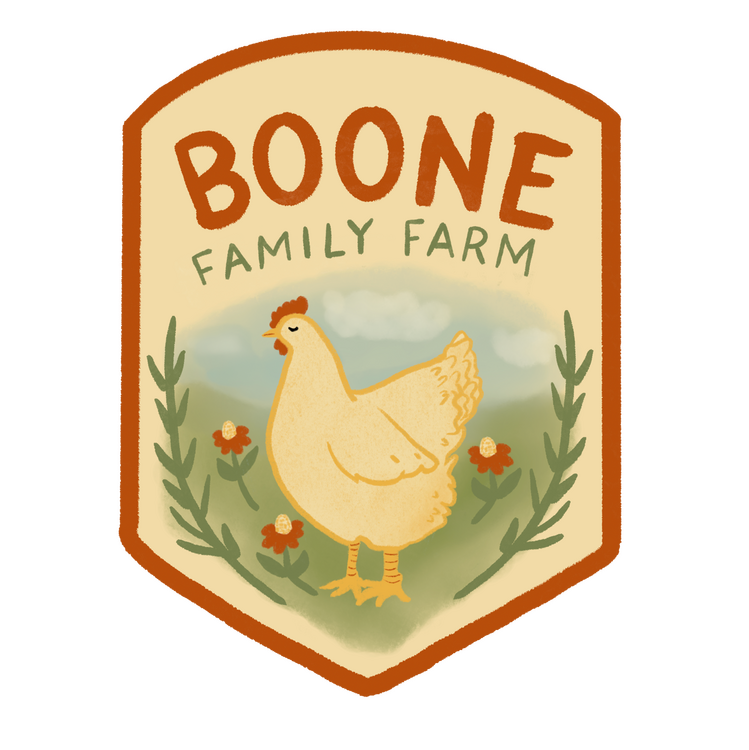 The Boone Family Farm Logo Logo with chicken and red flower that reads Boone Family Farm